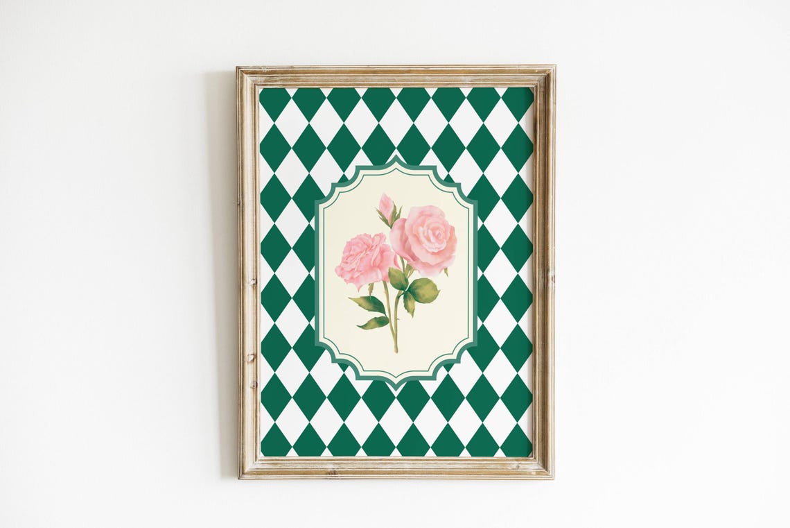 Green Diamond Check Pink Rose Floral Vintage Style Art Poster