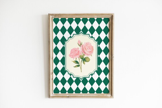 Green Diamond Check Pink Rose Floral Vintage Style Art Poster