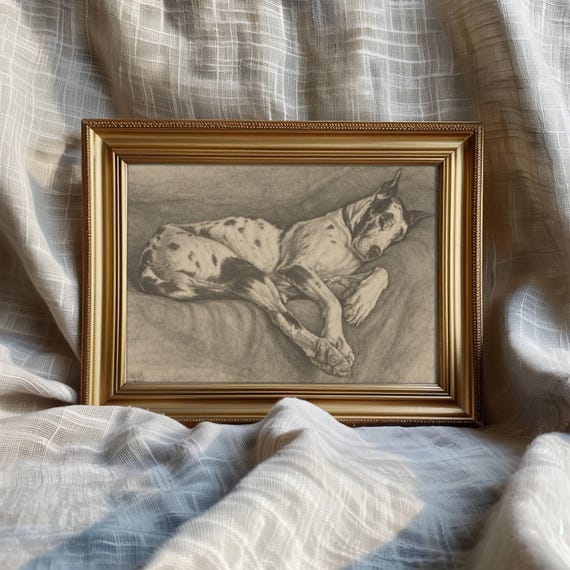 Vintage Dog Sleeping Painting Antique Decor Wall Print Moody Animal Art Oil