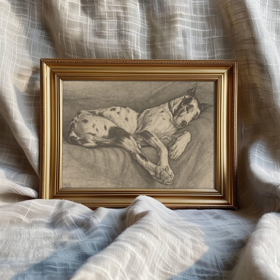Sleeping Great Dane Vintage Charcoal Dog Sketch Antique Style Wall Art