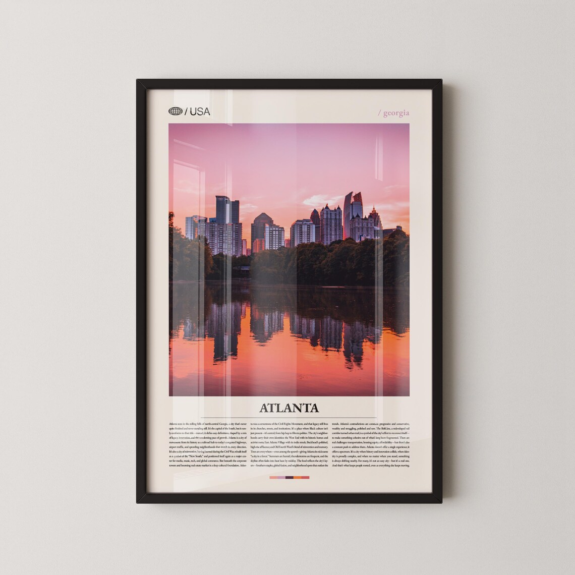Atlanta Georgia Sunset Skyline Mirrored On Calm Water Travel Poster