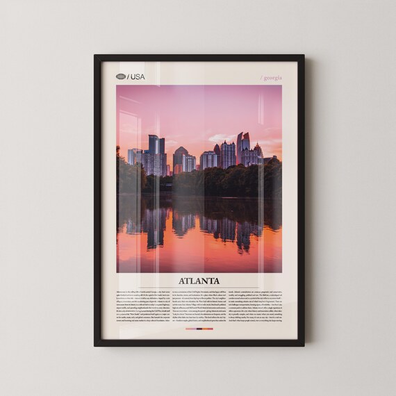 Atlanta Georgia Sunset Skyline Mirrored On Calm Water Travel Poster