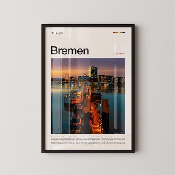 Bremen Germany Sunset Harbor Cityscape Riverside Travel Poster