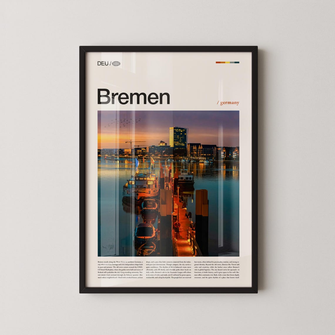 Bremen Germany Sunset Harbor Cityscape Riverside Travel Poster