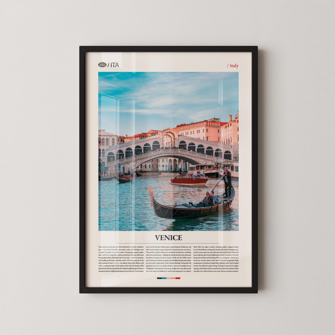 Venice Italy Travel Poster With Rialto Bridge And Passing Gondola View
