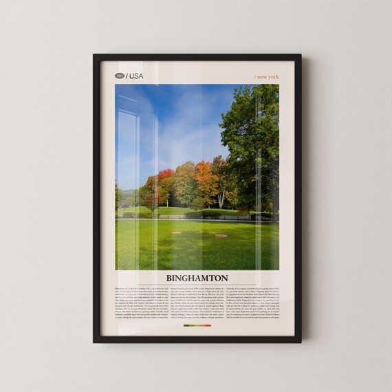 Binghamton New York Autumn Park Photo Under Blue Sky Travel Poster