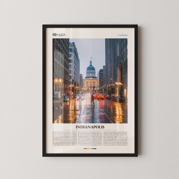 Indianapolis Indiana Rainy Downtown Street Evening Travel Poster