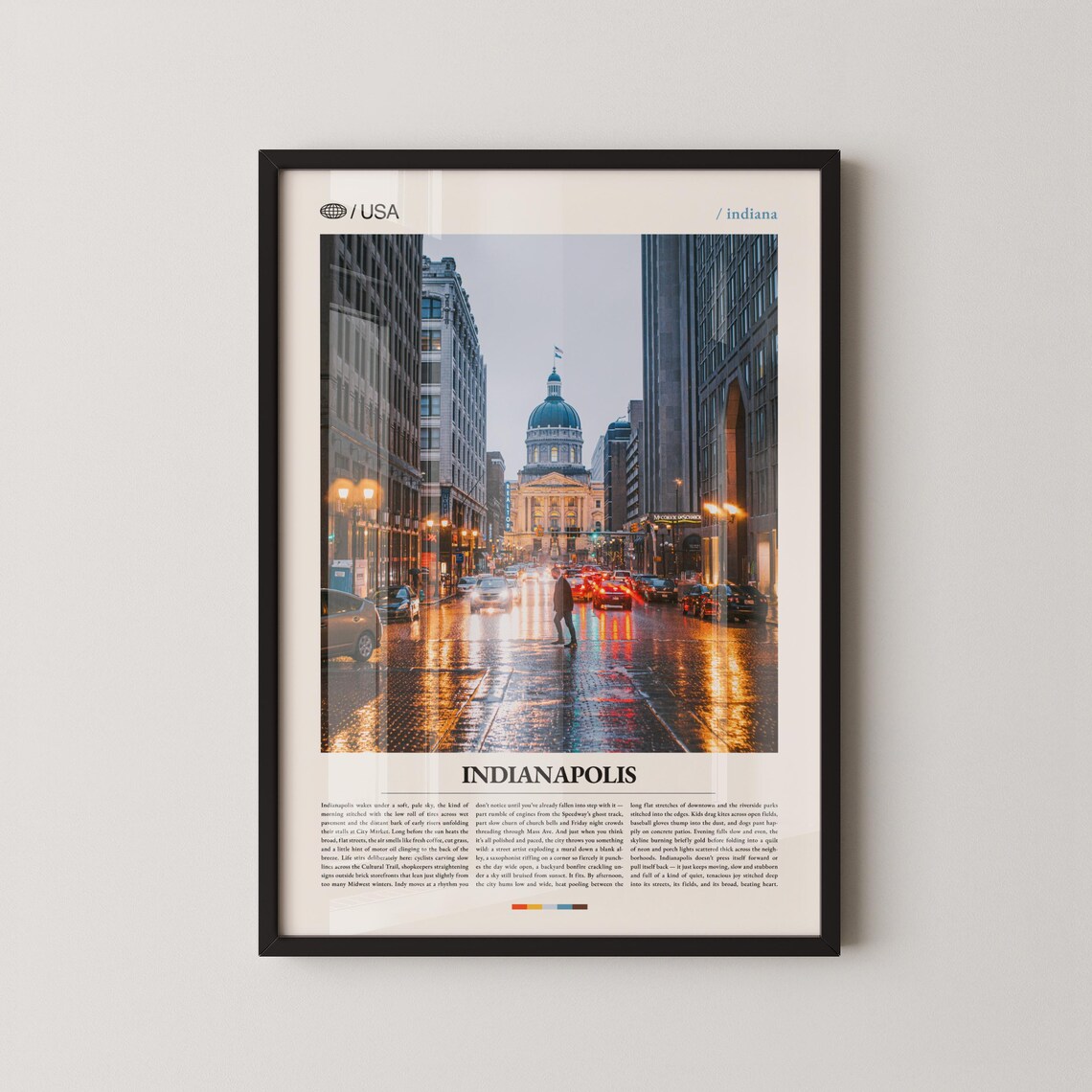 Indianapolis Indiana Rainy Downtown Street Evening Travel Poster