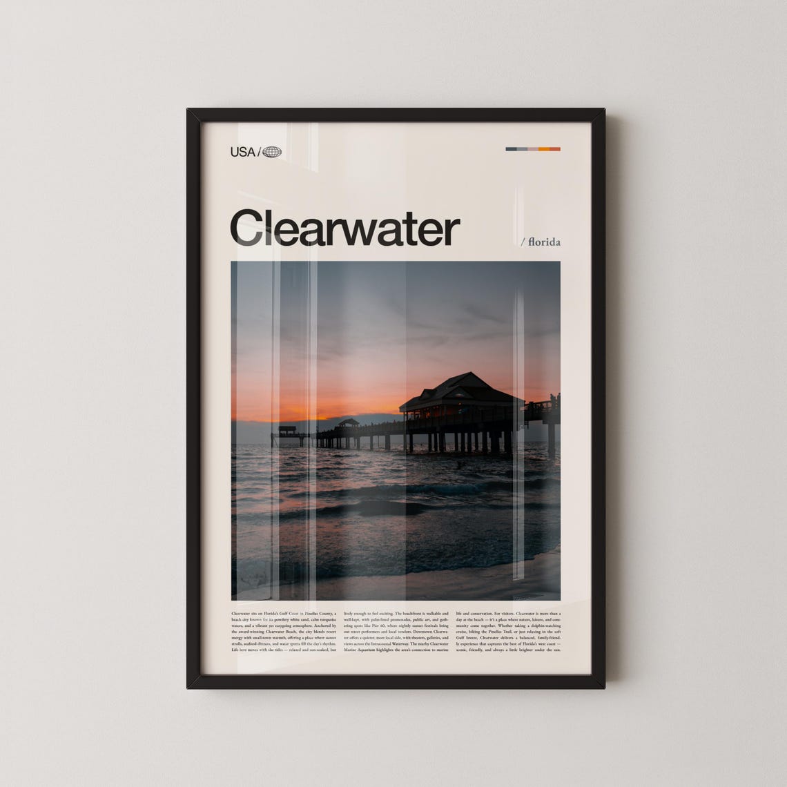 Clearwater Florida Sunset Pier Photo Poster with Title Above Image