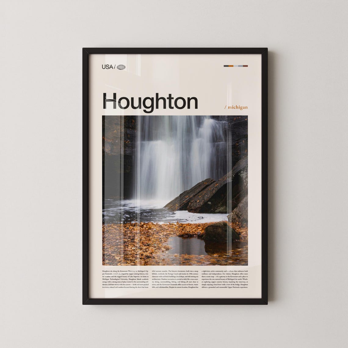 Houghton Michigan Waterfall Autumn Upper Peninsula Travel Poster