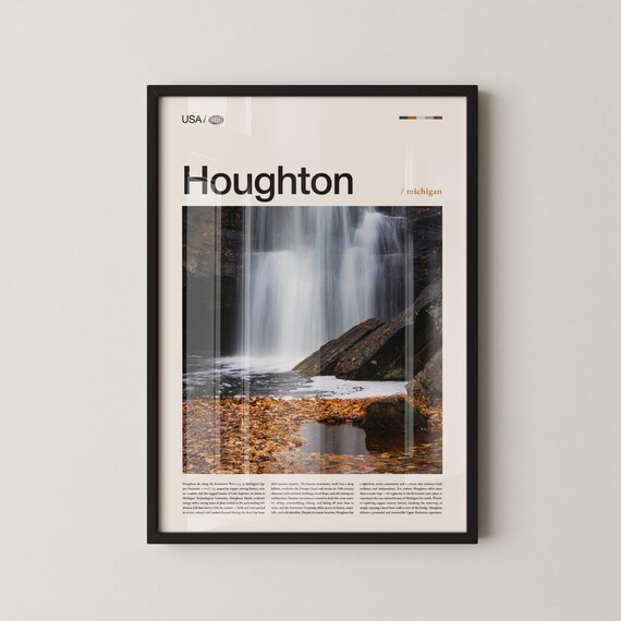 Houghton Michigan Waterfall Autumn Upper Peninsula Travel Poster