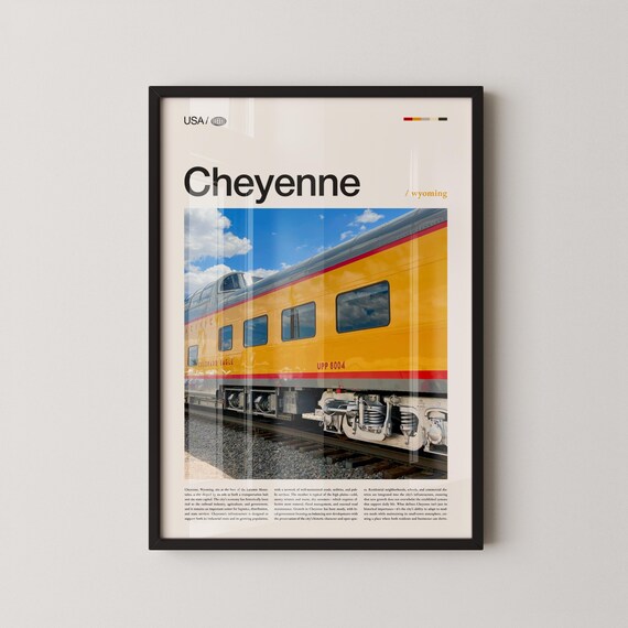 Cheyenne Wyoming Yellow Train Car Retro Travel Typography Poster