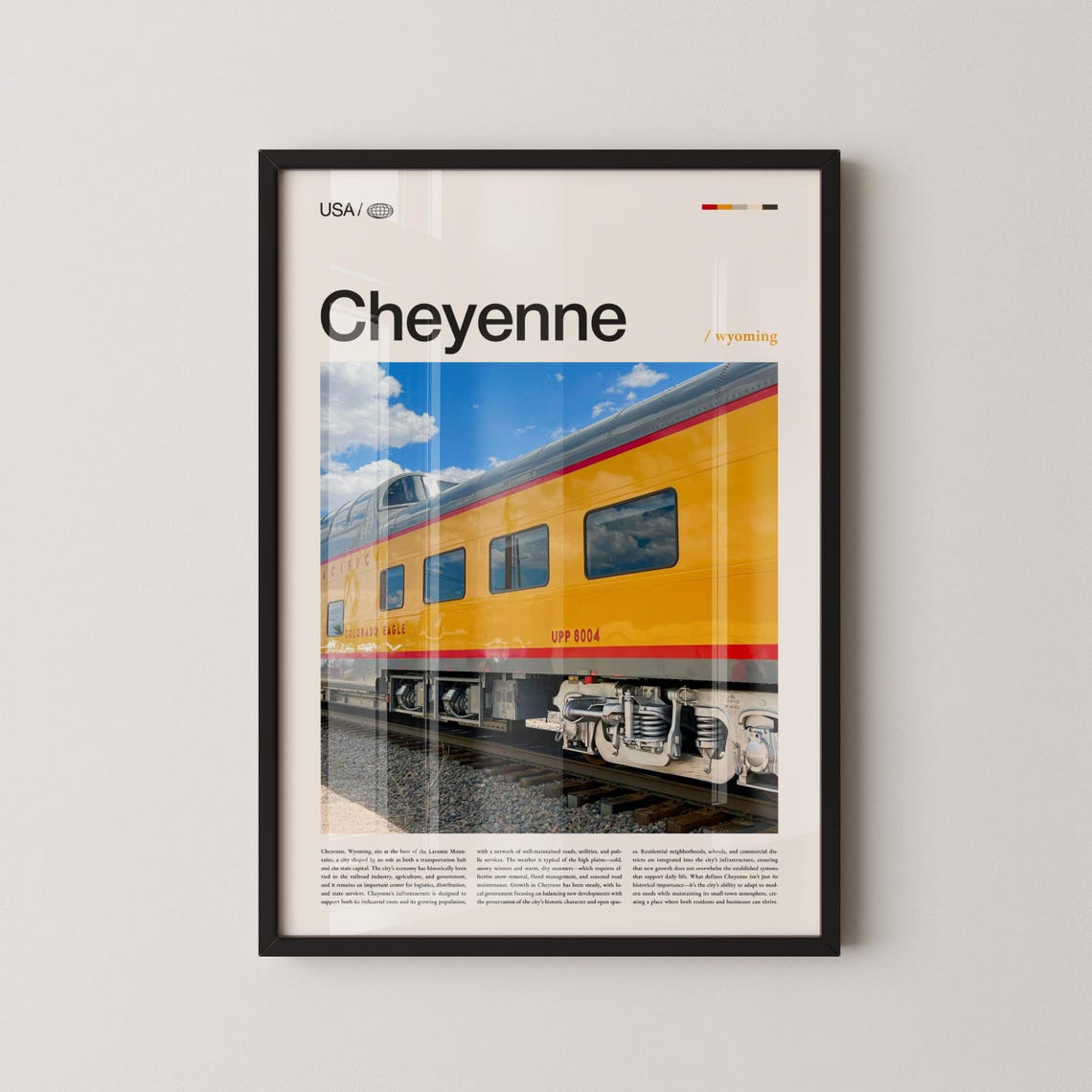 Cheyenne Wyoming Yellow Train Car Retro Travel Typography Poster
