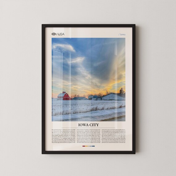 Iowa City Winter Red Barn Sunset Farm Landscape Travel Poster