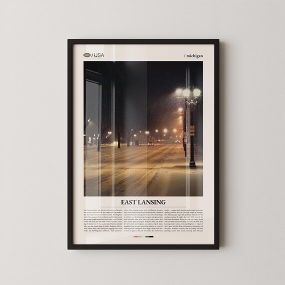 East Lansing Michigan Snowy Night Street Editorial Travel Poster