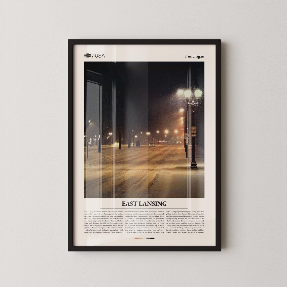 East Lansing Michigan Snowy Night Street Editorial Travel Poster