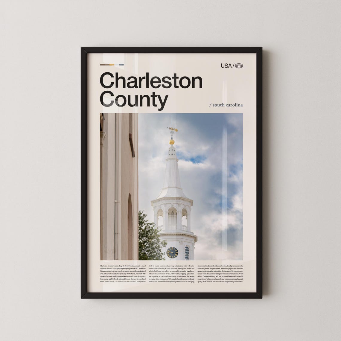 Charleston County Bold Title White Church Tower Photo Poster