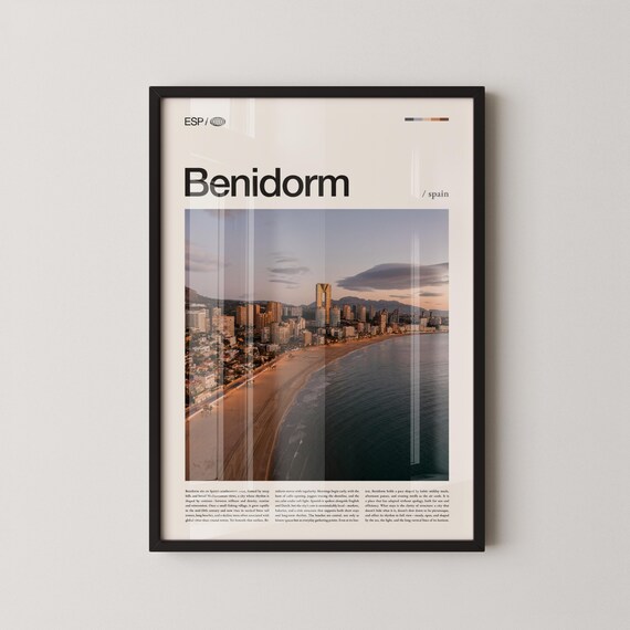 Benidorm Spain Aerial Beach Sunset Modern Travel Photo Poster