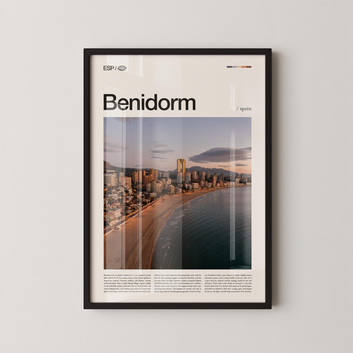 Benidorm Spain Aerial Beach Sunset Modern Travel Photo Poster