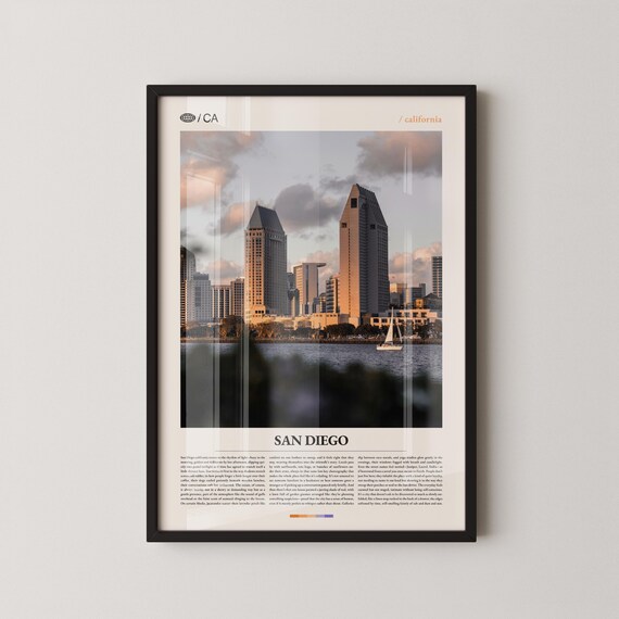 San Diego Skyline at Sunset Editorial Style California Travel Poster