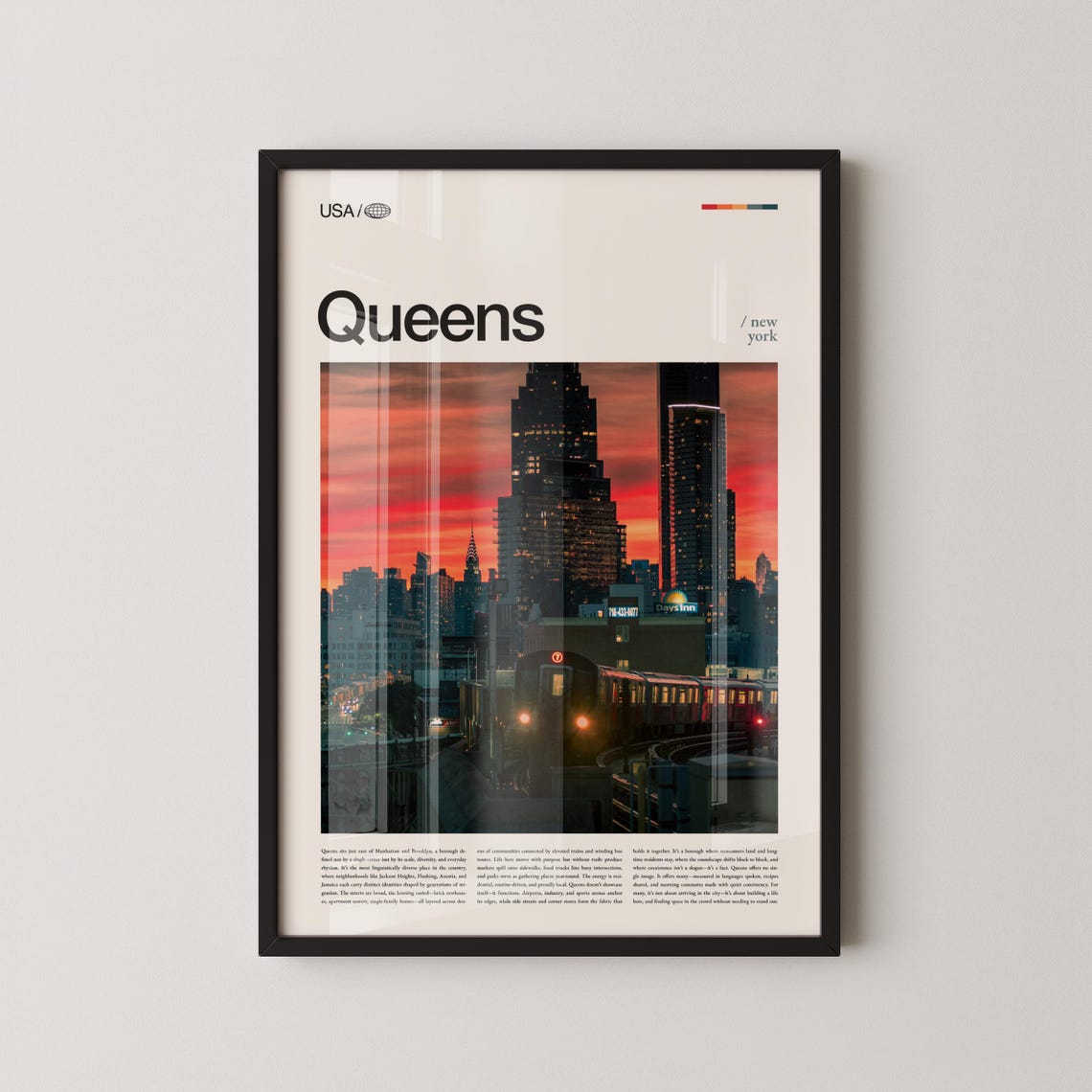Queens New York Fiery Sunset Skyline Elevated Subway Train Poster