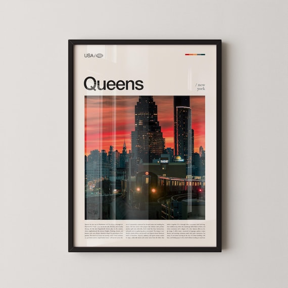 Queens New York Fiery Sunset Skyline Elevated Subway Train Poster