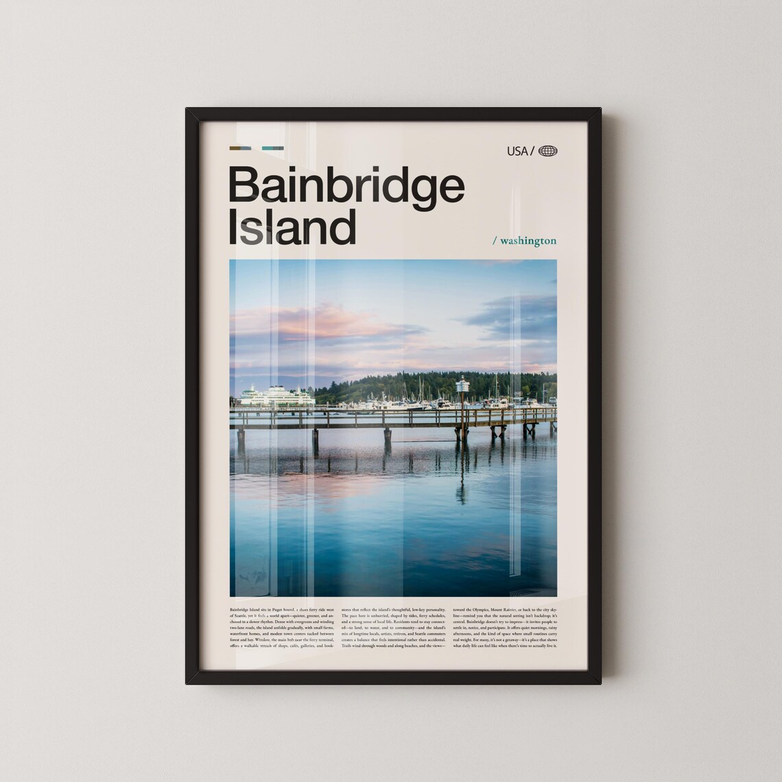 Bainbridge Island Washington Pier Reflection Travel Poster Wall Artwork
