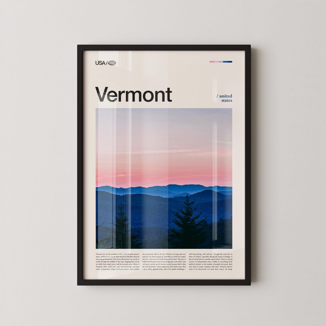 Vermont Pink Sunset Layered Blue Mountains Photography Poster