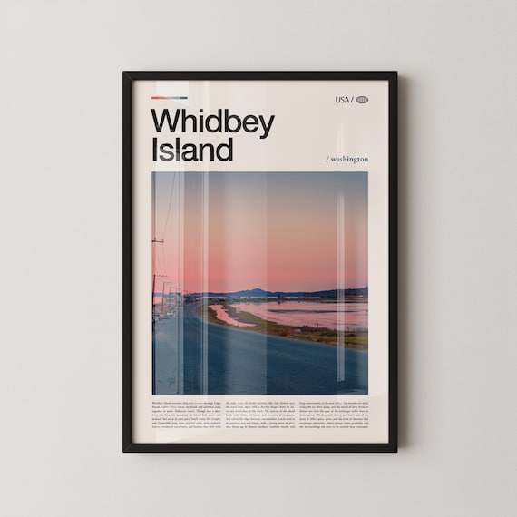 Whidbey Island Washington Bold Headline Sunset Road Travel Poster