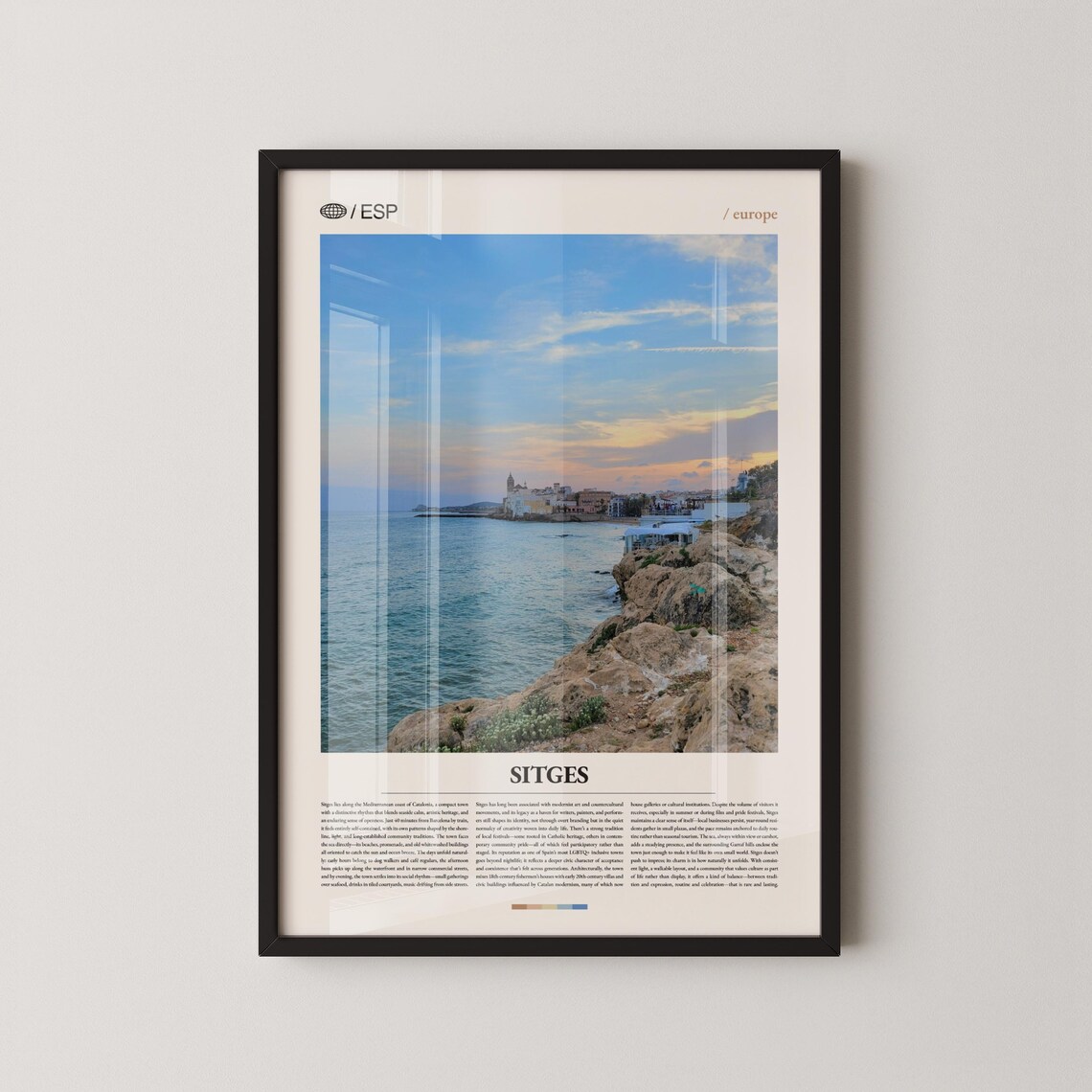 Sitges Spain Travel Poster with Rocky Coastline and Sunset Sky Photo