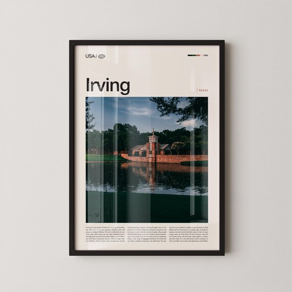 Irving Texas Lakeside Brick Building Modern City Travel Poster