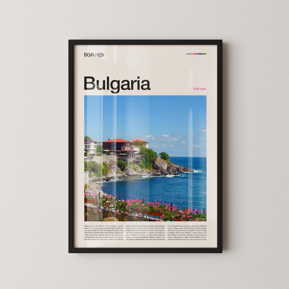 Bulgaria Black Sea Coastal Town Pink Flowers Vibrant Travel Poster