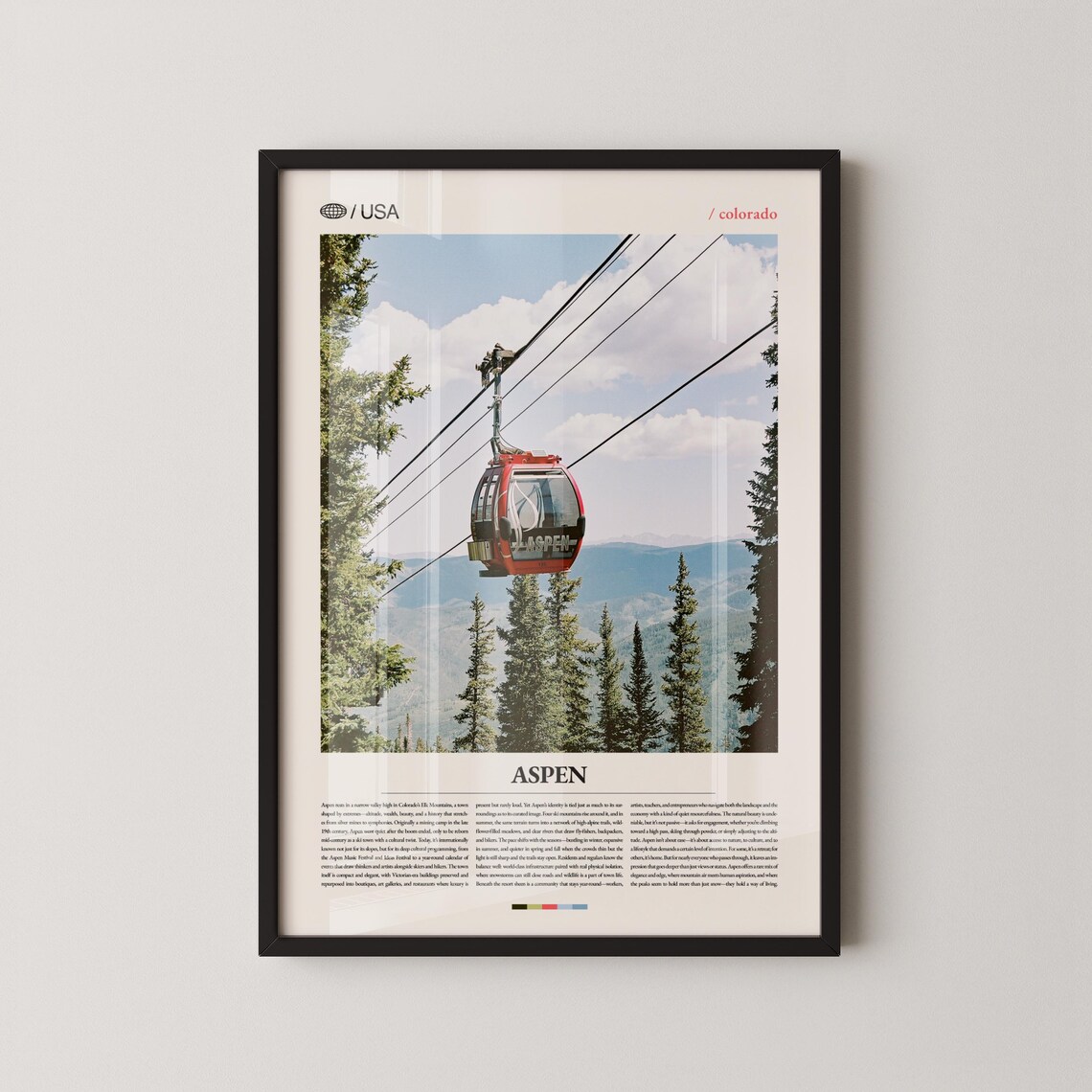 Aspen Colorado Red Gondola Cabin Mountain Ski Resort Travel Poster