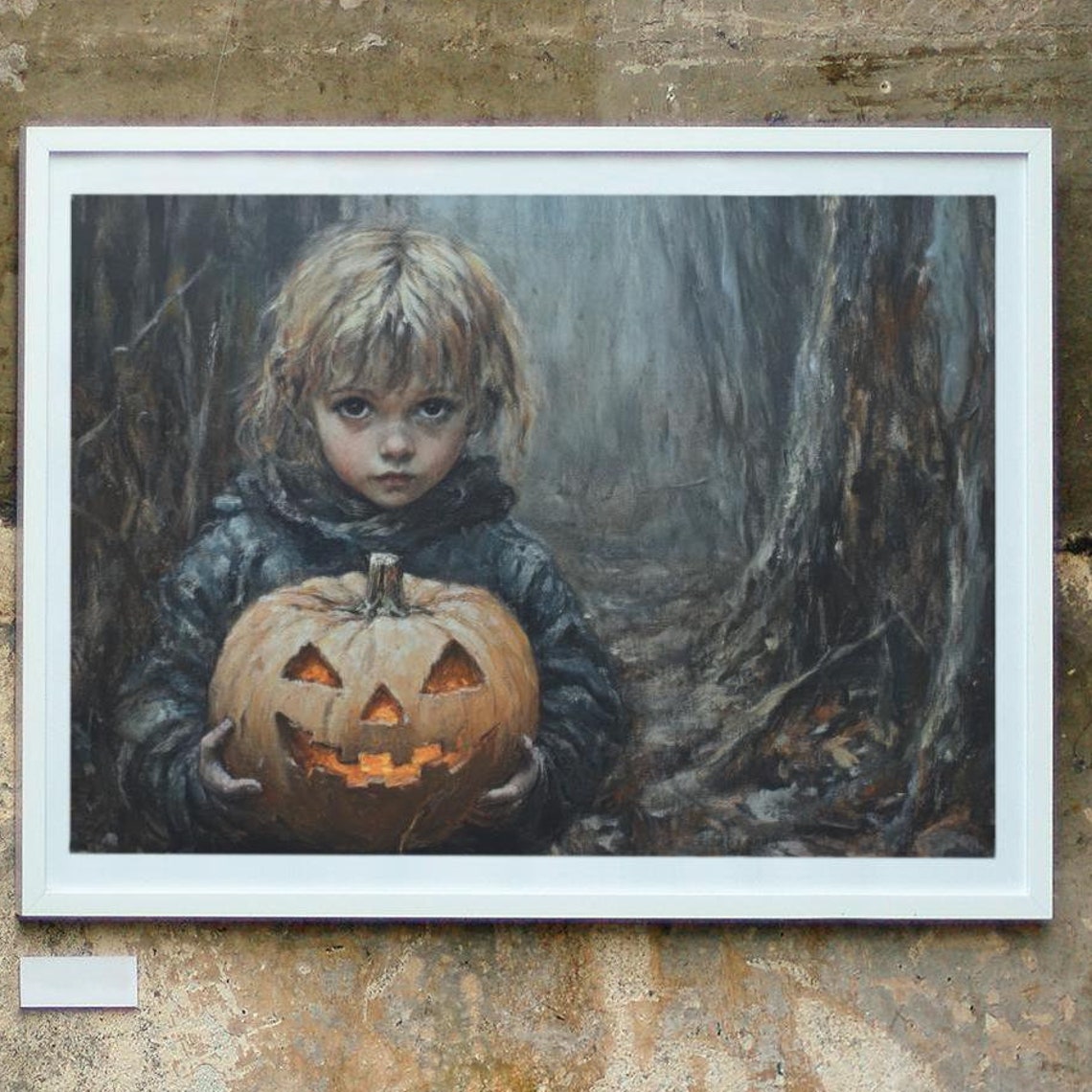 Child Holding A Glowing Jack O Lantern Moody Halloween Art Poster