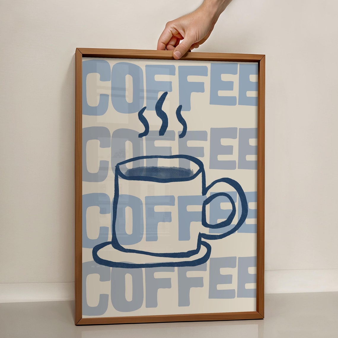Coffee Repeat Typography Blue Steaming Mug Retro Kitchen Wall Poster