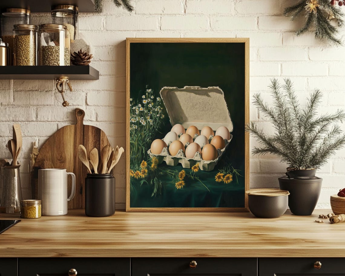 Eggs Kitchen Wall Art Green Whimsical Food Print Easter Decor Moody Groceries Flowers Fun Egg Carton Painting Breakfast Prints - Image 4