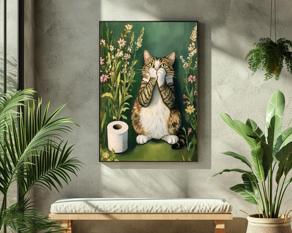 Bathroom Cat Funny Bath Wall Art Toilet Paper Art Green Powder Room Print Cute Whimsical Art Prints Fun Animal Poster Restroom Painting - Image 4