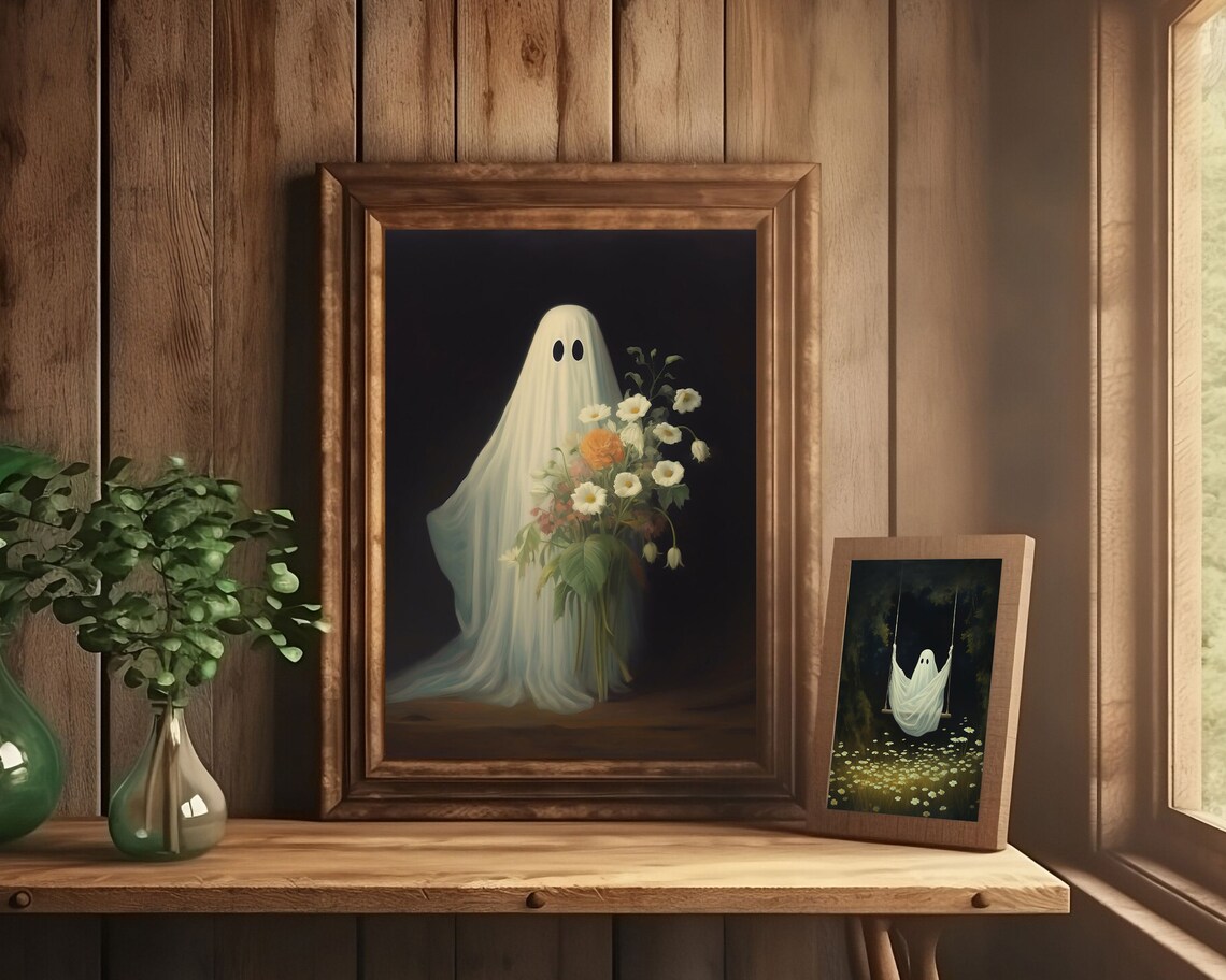 Ghost Holding A Flower Bouquet On Black Whimsical Art Poster - Image 2