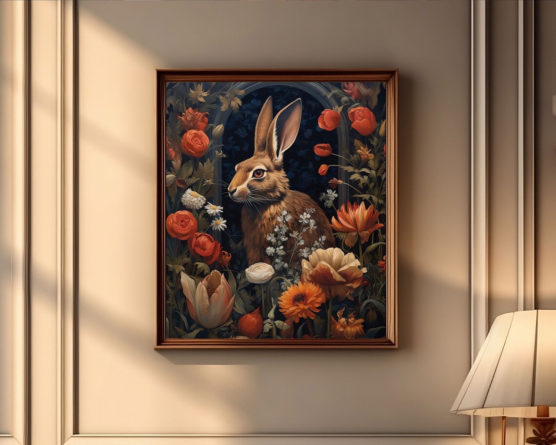 Brown Hare Portrait Among Dark Romantic Flowers Vintage Style Poster - Image 3