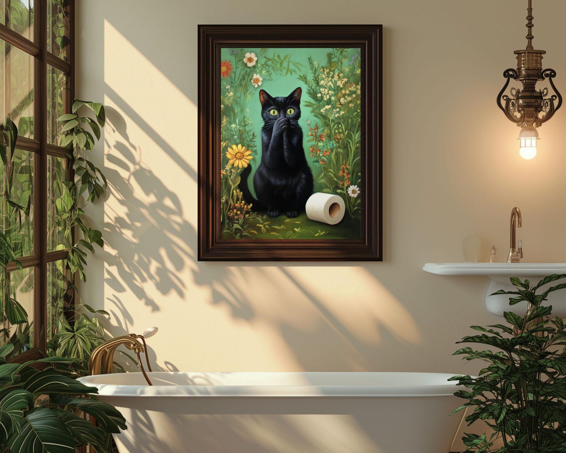 Cat Toilet Paper Funny Bathroom Wall Art Green Powder Room Prints Cute Black Cat Whimsical Art Print Fun Animal Poster Restroom Painting - Image 2