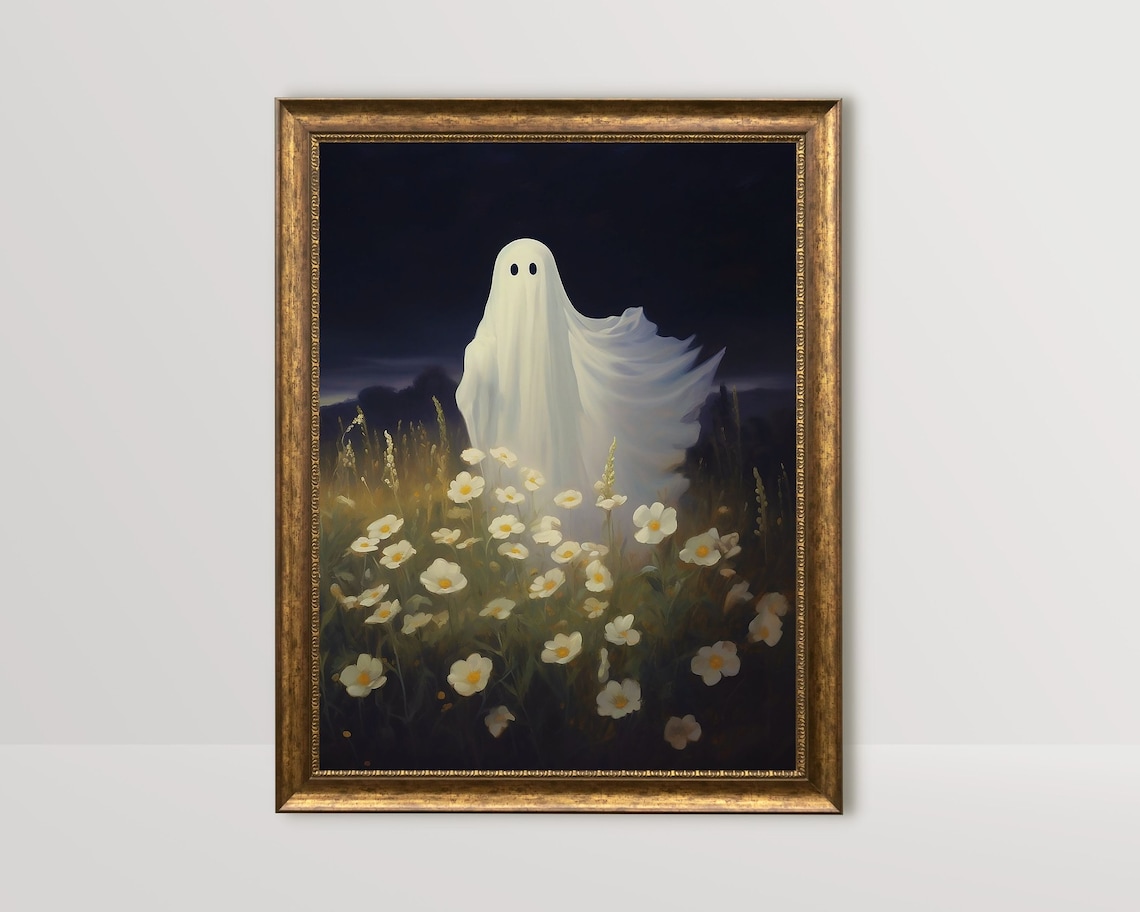 Cute White Ghost Standing Alone In A Night Flower Meadow Poster