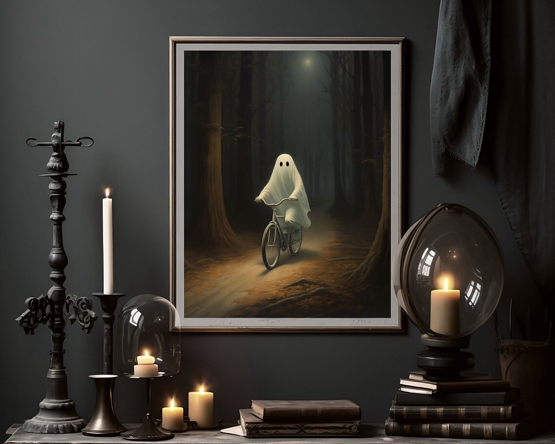 Cute Ghost Riding A Bike Through A Dark Moonlit Forest Art Print - Image 4
