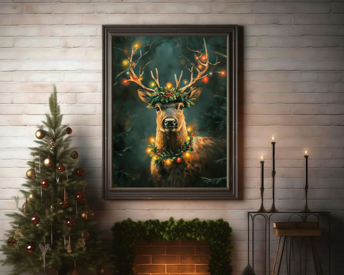 Reindeer Christmas Vintage Oil Painting Art Print - Image 4