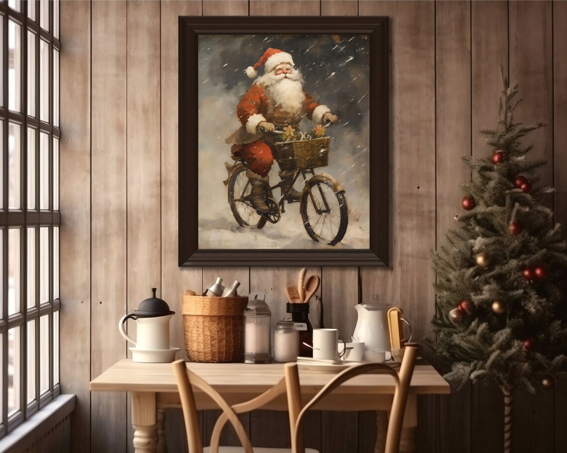 Santa on a Bike, Rustic Vintage Christmas Art Print - Image 2
