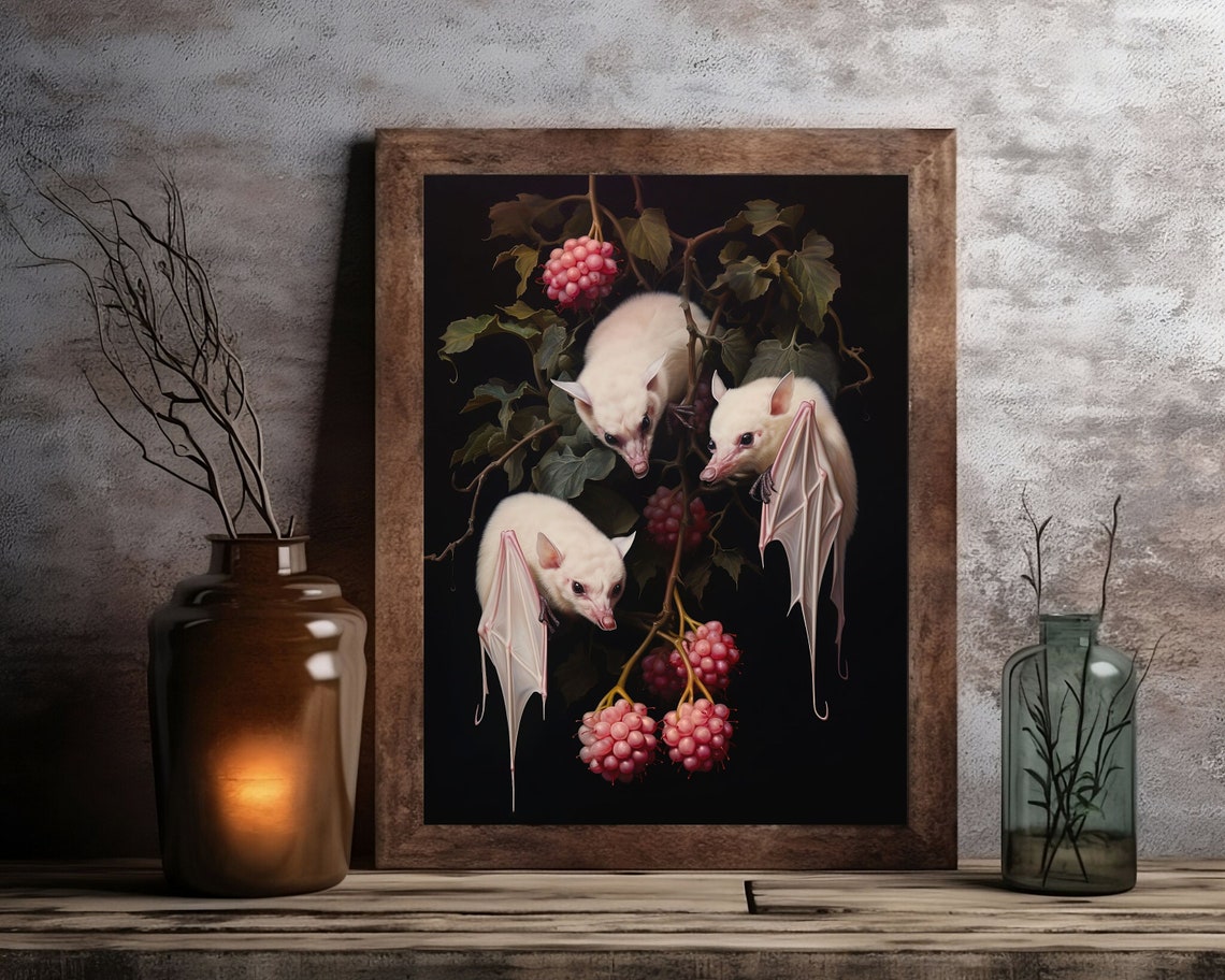 Albino Fruit Bats, Dark Cottagecore Goth Art Print - Image 3
