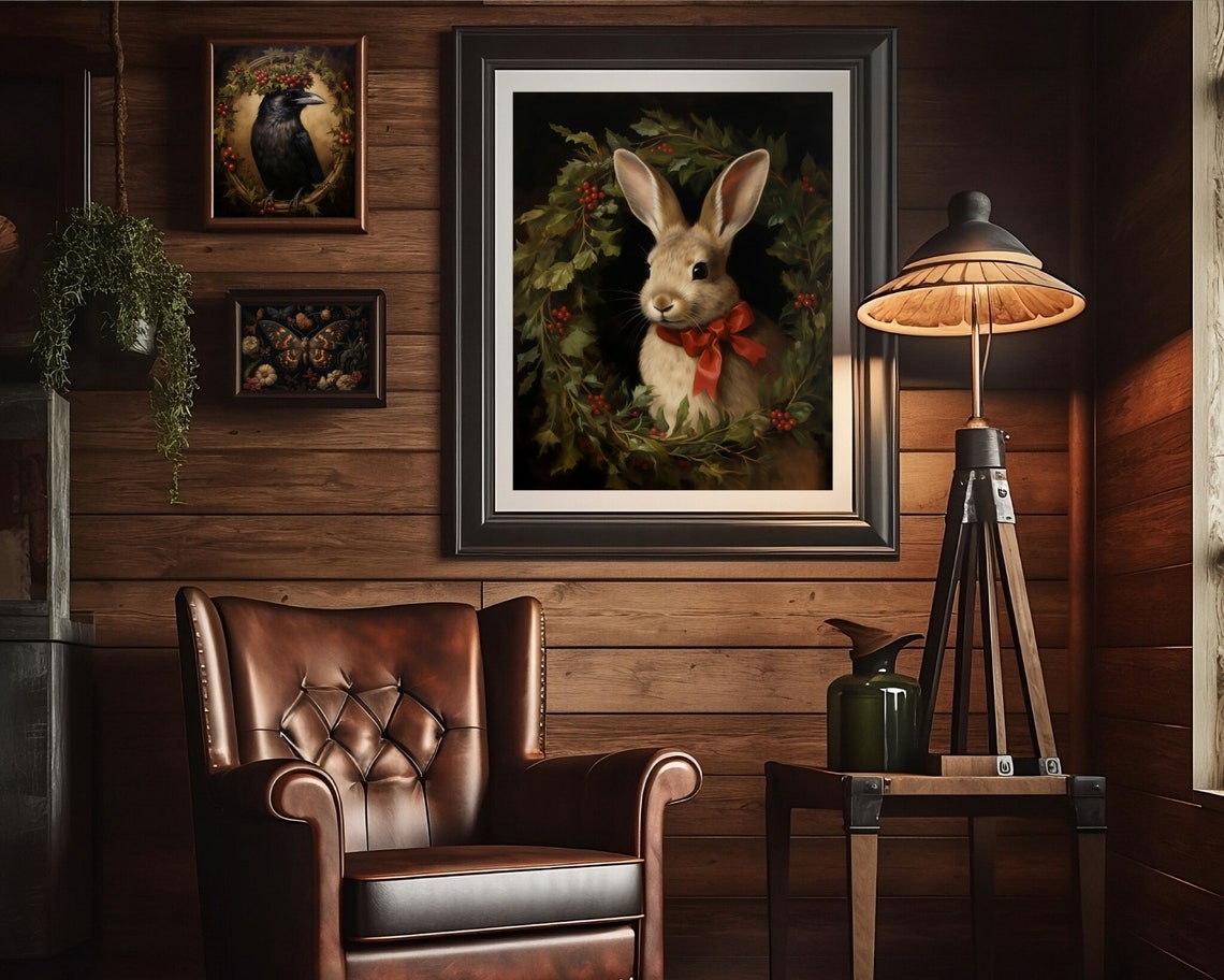Festive Rabbit Dark Academia Christmas Art Print - Image 2