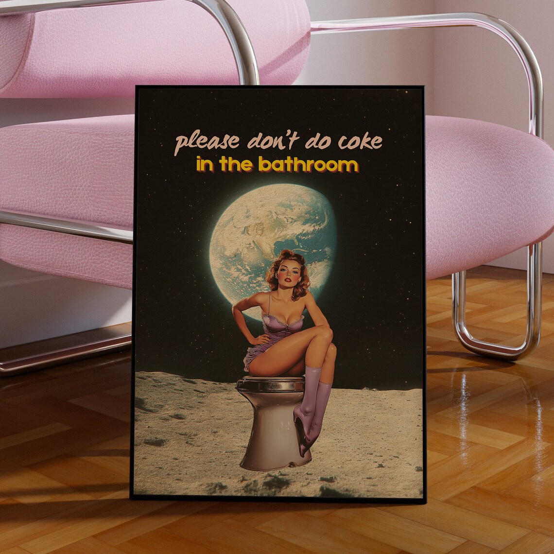 Retro Moon Pinup Bathroom Art Print, Surreal Poster