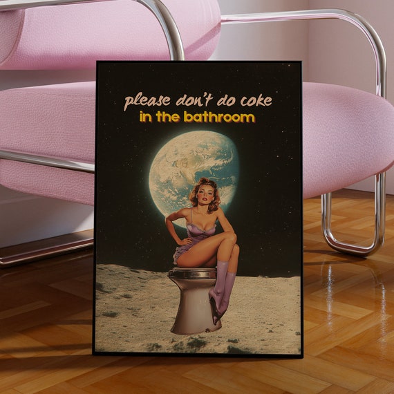 Retro Moon Pinup Bathroom Art Print, Surreal Poster