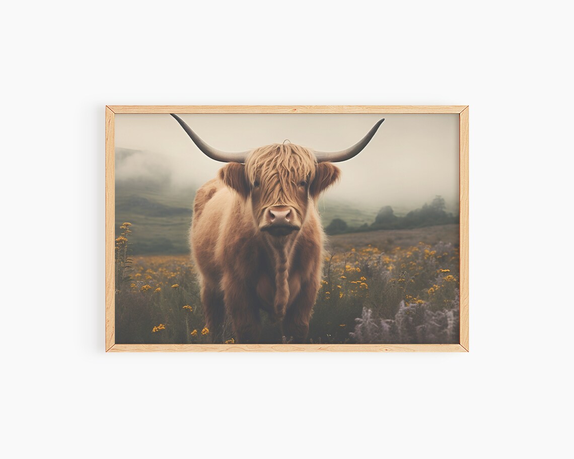 Highland Cow Art Print, Country Cottagecore Spring