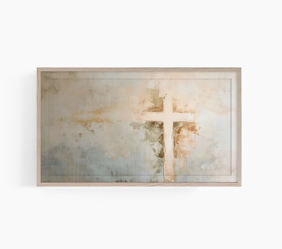 White Cross Abstract Textured Painting Warm Beige Faith Poster